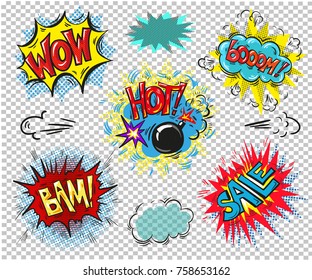 Retro comic empty speech bubbles set on colorful background. Vector illustration, vintage design, pop art style