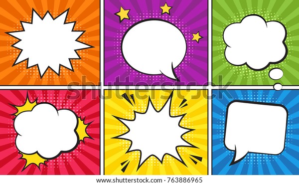 Retro comic\
empty speech bubbles set on colorful background. Vector\
illustration, vintage design, pop art\
style