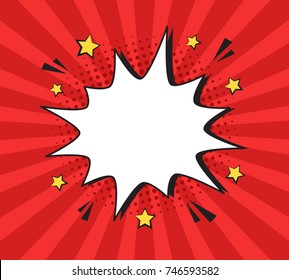 Retro comic expression empty speech bubble with stars on colorful halftone red stripes background. Vector illustration, vintage design, pop art style.