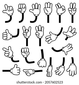 Retro comic hands gestures in gloves for cartoon characters. Doodle arm pointing finger. Thumb up, fist, rock and victory signs vector set. Body language symbols, hand movements animation