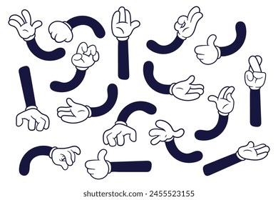 Retro comic hands gestures in gloves for cartoon characters. Vector illustration in doodle style