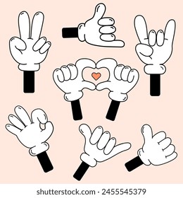 Retro comic hands gestures in gloves set .Doodle arm pointing finger show different signs,rock sign,heart,peace and victory,shaka sign,thumbs up.Cartoon groovy funny hands isolated vector illustration