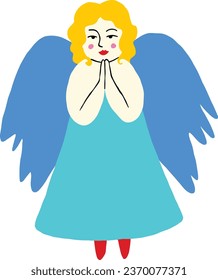 retro comic illustration of angel girl with wings. Hand drawn cartoon character in doodle style