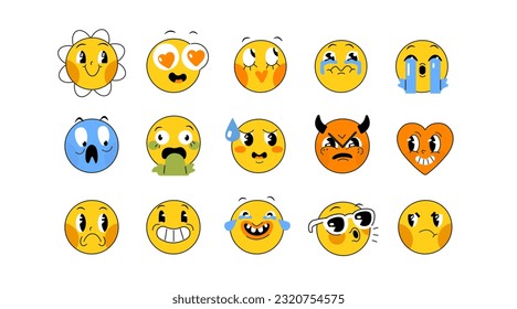 Ilustraciones de historietas retro. Colecciones de graciosos personajes de caricatura con caras de sonrisa y varias emociones. Diseño de moda. Conjunto de ilustraciones de vector