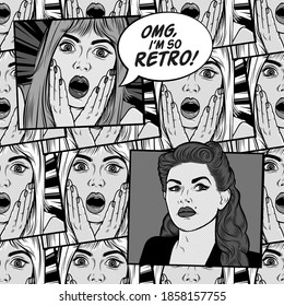 Patrón de historietas retro con una mujer sorprendida. Cara de Wow. Omg concepto. Ilustraciones vectoriales de arte pop.  