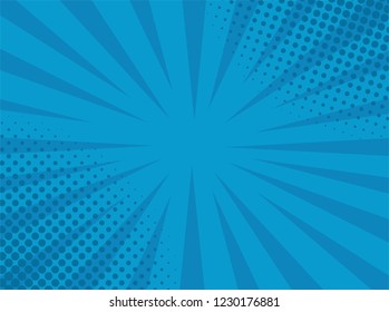 Retro comic pop art blue background with stripes and halftone dots. Classic vintage cartoon style. Vector illustration