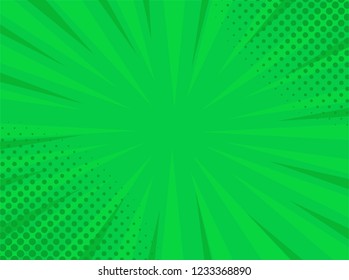 Retro comic pop art green background with stripes and halftone dots. Classic vintage cartoon style. Vector illustration