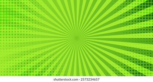 Retro comic pop art green background with stripes and halftone dots. Classic vintage cartoon style. Vector illustration