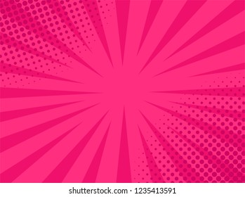 Retro comic pop art pink background with stripes and halftone dots. Classic vintage cartoon style. Vector illustration