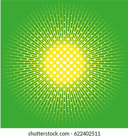 Retro comic pop background dotted halftone design and sun on green