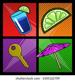 Retro comic soda, lemon, key and umbrella. Pop art style - Vector