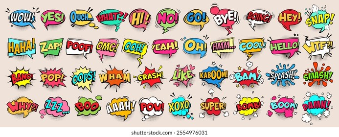 Retro comic speech bubble, business message or chat box, cloud, balloon, doodle frame, idea symbol and cartoon sticker set with text sound, explosion bomb, splash and grunge halftone effect. Fun quote