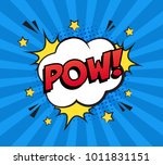 Retro comic speech bubble with colorful halftone shadow on blue stripes pattern. Expression text POW. Vector illustration, vintage design, pop art style.