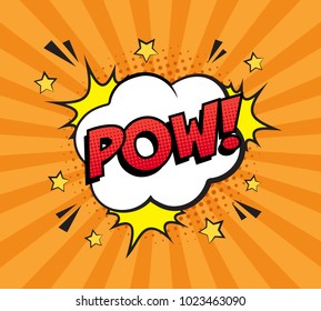 Retro comic speech bubble with colorful halftone shadow on orange stripes pattern. Expression text POW. Vector illustration, vintage design, pop art style.