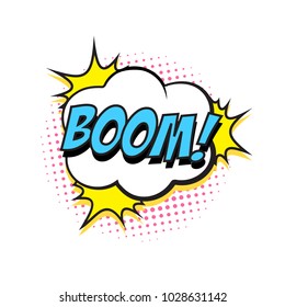 Retro comic speech bubble with colorful halftone shadow on white background. Expression text BOOM. Vector illustration, vintage design, pop art style.