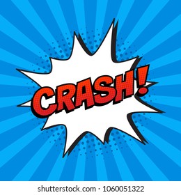 Retro comic speech bubble with colorful halftone shadow on blue stripes pattern. Expression text CRASH. Vector illustration, vintage design, pop art style.