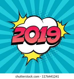 Retro comic speech bubble with colorful halftone shadow on green stripes pattern. Number 2019 text for New Year. Vector illustration, vintage design, pop art style.