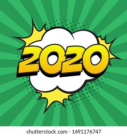 Retro comic speech bubble with colorful halftone shadow on green stripes pattern. Number 2020 text for New Year. Vector illustration, vintage design, pop art style.