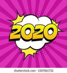 Retro comic speech bubble with colorful halftone shadow on pink stripes pattern. Number 2020 text for New Year. Vector illustration, vintage design, pop art style.