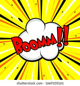 Retro comic speech bubble with colorful halftone shadow on Yellow stripes pattern. Expression text BOOM. Vector illustration, vintage design, pop art style. 