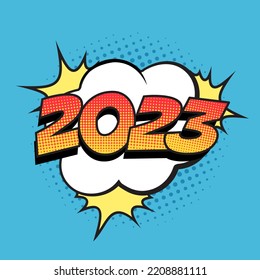 Retro comic speech bubble with colorful halftone shadow. Number 2023 text for New Year. Vector illustration, vintage design, pop art style.