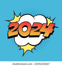 Retro comic speech bubble with colorful halftone shadow. Number 2024 text for New Year. Vector illustration, vintage design, pop art style.