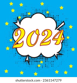 Burbuja del discurso del cómic retro con colorida sombra de semitono. Texto número 2024 para Año Nuevo. Ilustración vectorial, diseño vintage, estilo de arte pop.