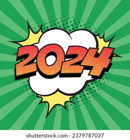 Retro comic speech bubble with colorful halftone shadow. Number 2024 text for New Year. Vector illustration, vintage design, pop art style.