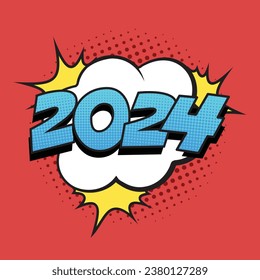 Retro comic speech bubble with colorful halftone shadow. Number 2024 text for New Year. Vector illustration, vintage design, pop art style.