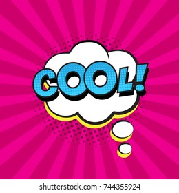 Retro comic speech bubble with colorful halftone shadow on pink stripes pattern. Expression text COOL. Vector illustration, vintage design, pop art style