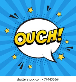 Retro comic speech bubble with colorful halftone shadow on blue stripes pattern. Expression text OUCH. Vector illustration, vintage design, pop art style.