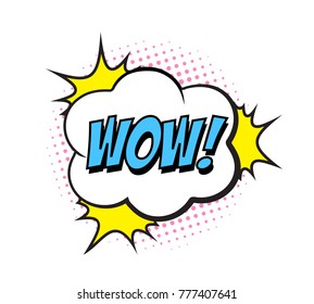 Retro comic speech bubble with colorful halftone shadow on white background. Expression text WOW. Vector illustration, vintage design, pop art style.
