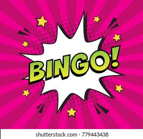 Retro comic speech bubble with colorful halftone shadow on pink stripes pattern. Expression text BINGO. Vector illustration, vintage design, pop art style.
