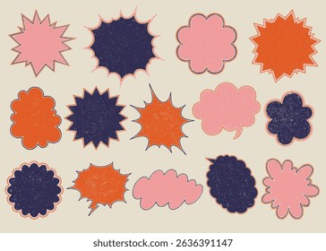Retro Comic Speech Bubble and Explosion Shape Clipart Grunge Aesthetic Callouts. Hand drawn textured vintage illustrations.