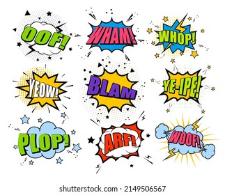 Retro comic speech bubble set with template phrase. Vintage font with oof, wham, whop sign at pop art shape, vector illustration. Explosion sticker collection with woof, blam text