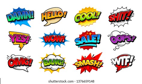 Retro comic speech bubbles with different tags on transparency background. Vector illustration.