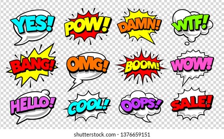 Retro comic speech bubbles with different tags on transparency background. Vector illustration.