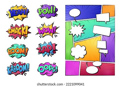 Retro comic speech bubbles with different tags. Sound expression of emotion. Retro cartoon stickers. Pop art style. Vector illustration