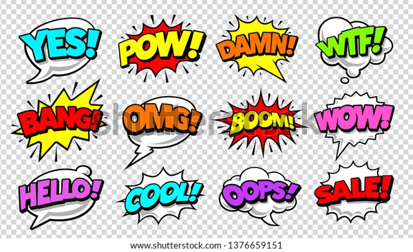 Retro comic speech\
bubbles with different tags on transparency background. Vector\
illustration.