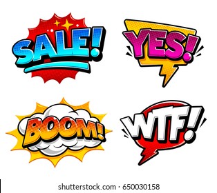 Retro comic speech bubbles with expression tags: Sale, Yes, Boom and Wtf. Bright dynamic pop art design elements. Vector illustration.