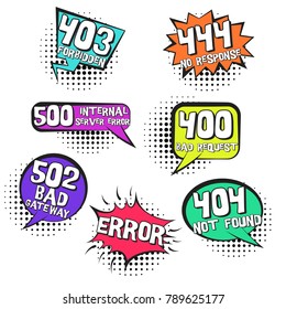 Retro comic speech bubbles with inernet page errors in pop art style. Vector comic balloons with halftone shadow and popular web errors text, 400, 404, 444, 502 for comics books, banners, web design svg