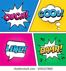 Retro comic speech bubbles set on colorful background. Expression text OUCH, COOL, LIKE, DAMN. Vector illustration, vintage comic book design, pop art comic bubbles style.