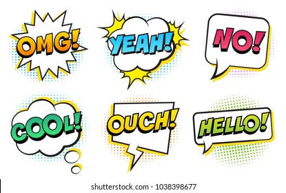 Retro comic speech bubbles set on white background. Expression text COOL, HELLO, OMG, YEAH, NO, OUCH. Vector illustration, pop art style.