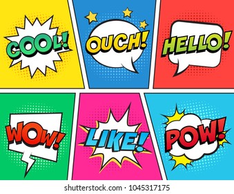 Retro comic speech bubbles set on colorful background. Expression text OUCH, COOL, LIKE, HELLO, WOW, POW. Vector illustration, vintage comic book design, pop art comic bubbles style.