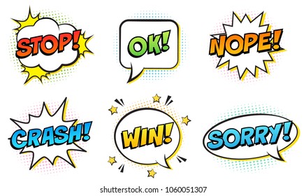 Retro comic speech bubbles set on white background. Expression text STOP, OK, NOPE, CRASH, WIN, SORRY. Vector illustration, pop art style.