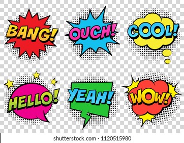 Retro comic speech bubbles set on transparent background. Expression text BANG, COOL, OUCH, HELLO, YEAH, WOW. Vector illustration, vintage design, pop art style.