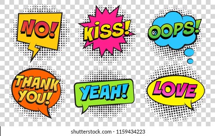 Retro comic speech bubbles set on transparent background. Expression text NO, KISS, OOPS, YEAH, LOVE, THANK YOU. Vector illustration, vintage design, pop art style.