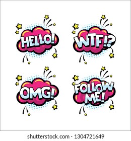 Retro comic speech bubbles set with text expression HELLO, WTF, OMG, FOLLOW ME. Words for comics, blogging, streaming and following in social networks and vlog in internet media. Pop art style