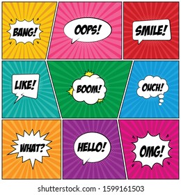 Retro comic speech bubbles set on colorful background, Bang, Oops, Boom, Hello, Smile, Ouch, Like, What, Cool, Wow, Hey, Crash, Vector cartoon explosions with different emotion 