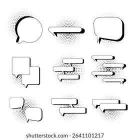 Retro Comic Speech Bubbles Set – Vintage-style empty comic bubbles and elements with black halftone shadows. Pop art design, perfect for comics, graphic novels, and creative illustrations. Transparent